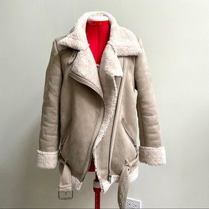 Zara faux suede biker double-faced jacket beige XS